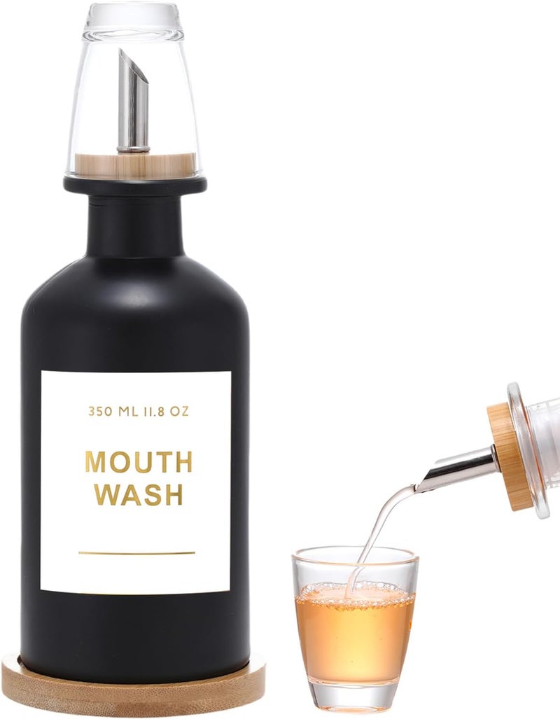 BONLONG 11.8OZ Glass Mouthwash Dispenser for Bathroom with Stainless Steel & Bamboo Nozzle, Mouthwash Cup Reusable, Bamboo Tray, and Elegant Gold Sticker.(Black) - Image 1